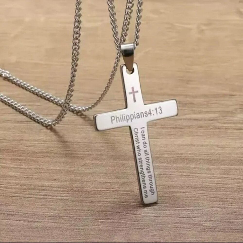 Philippians 4:13 Unisex Cross Necklace - Silver Tone